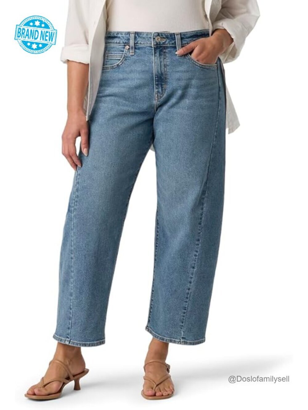 Mid Rise Stretch Denim Barrel Jeans Tapered Leg Zip Fly